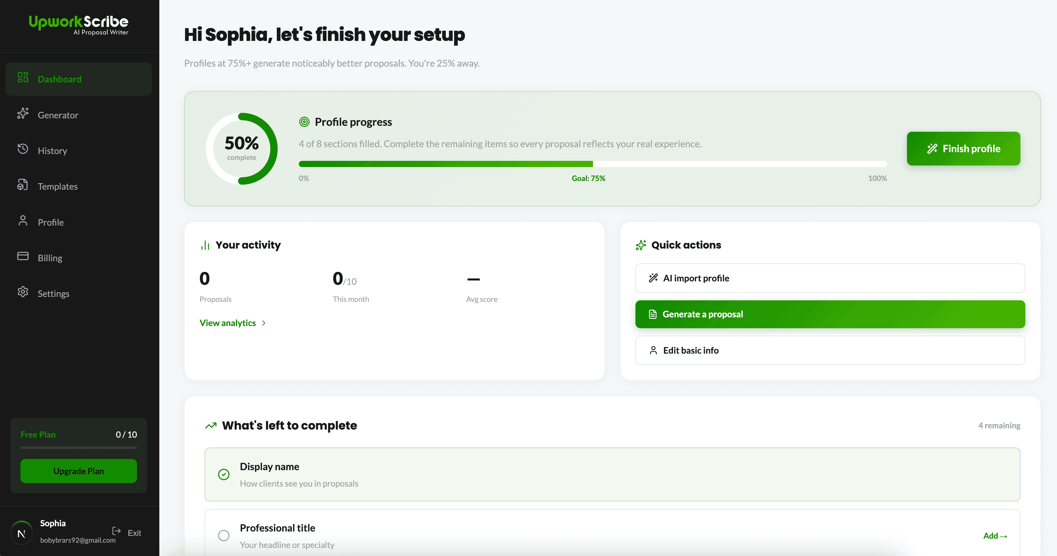 UpworkScribe dashboard — profile progress, activity stats, and quick actions