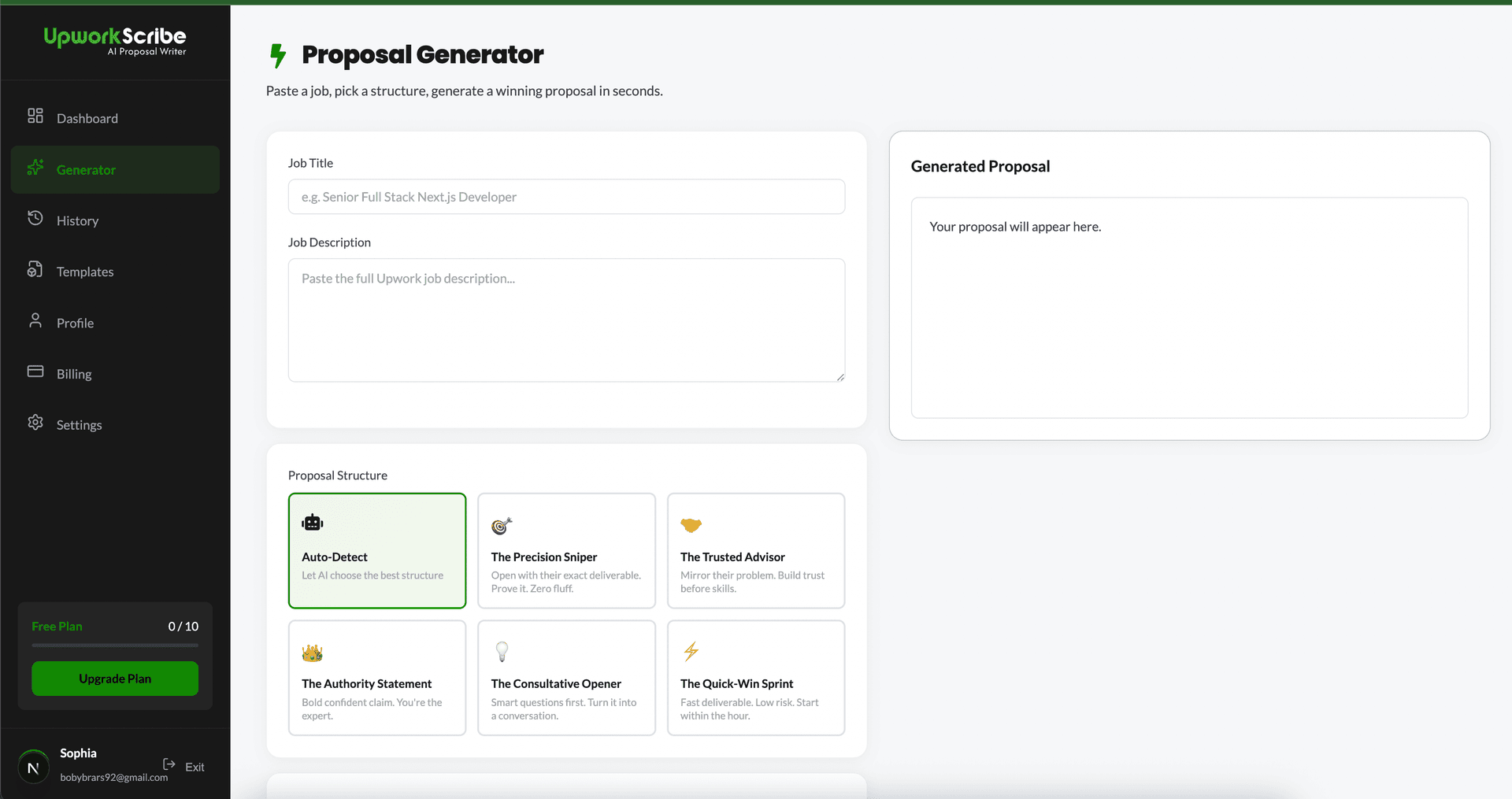 UpworkScribe proposal generator — paste a job, pick a structure, generate a winning proposal in seconds