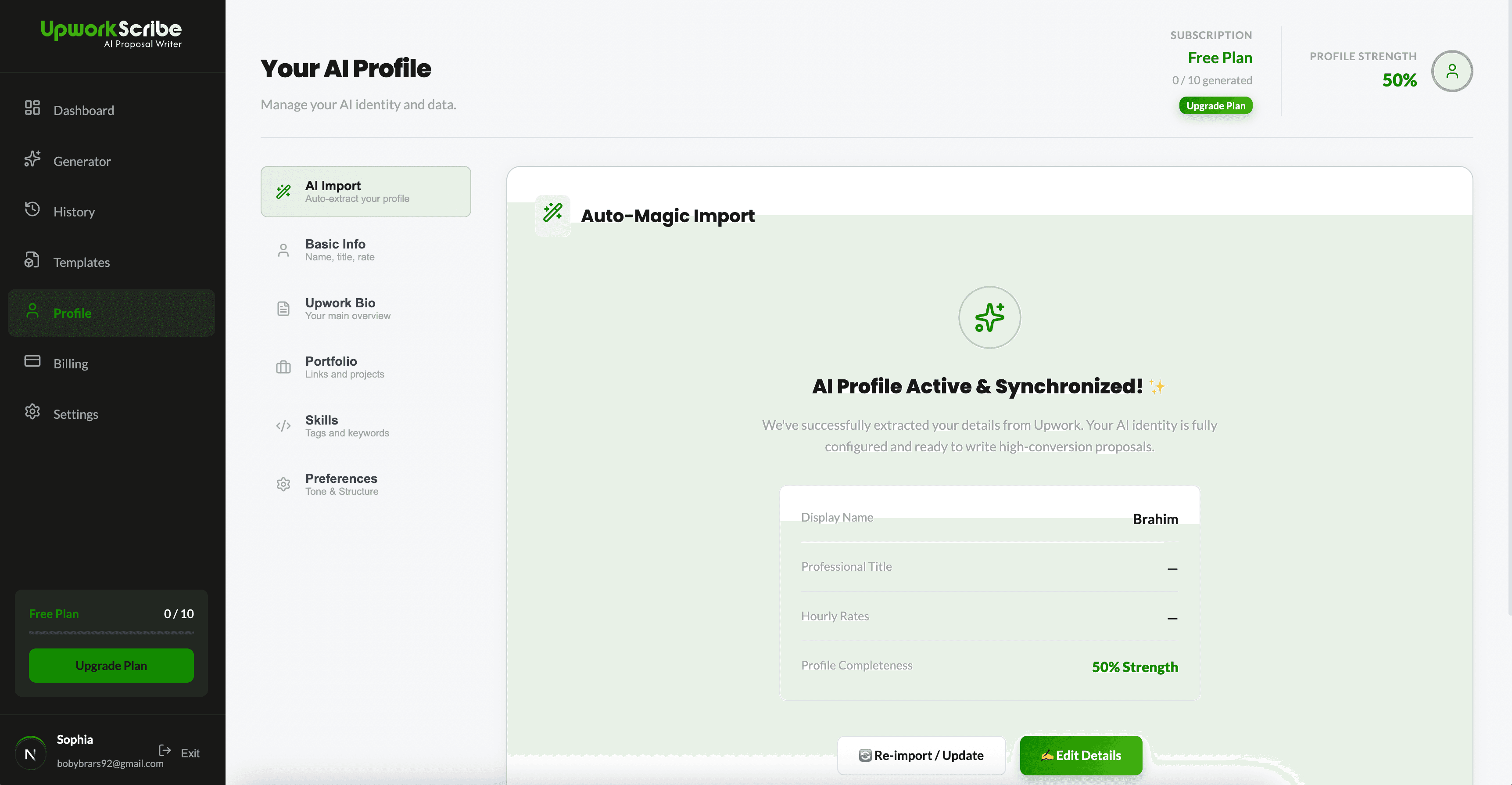 UpworkScribe AI Profile — auto-import from Upwork and manage your freelancer identity
